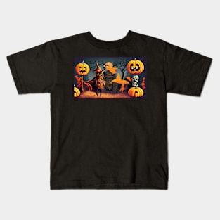 A Cartoon Scarecrow Surrounded by Pumpkins Kids T-Shirt